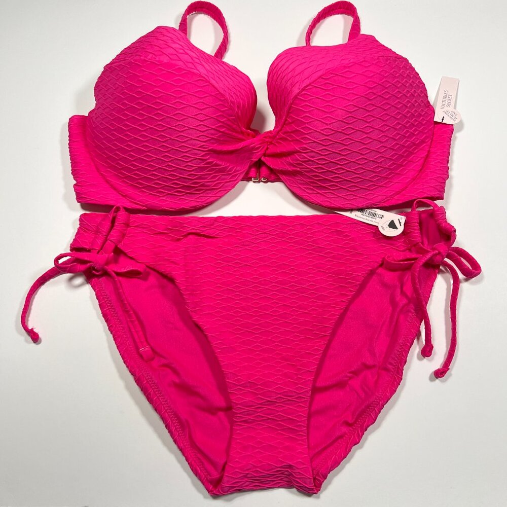 Victoria Secret 32d S Twist Front Push Up Bikini Top Bottom Set Textured Pink